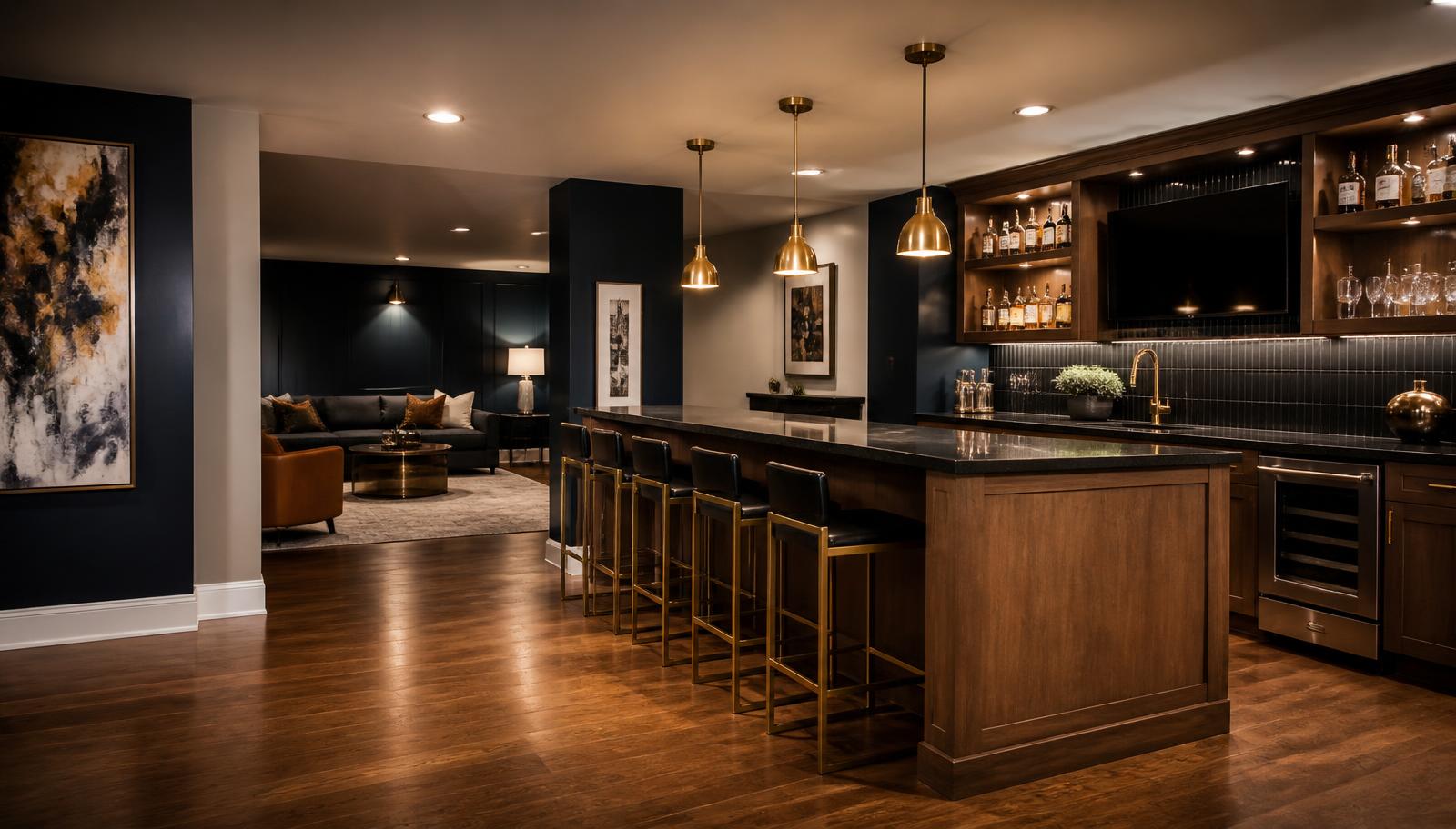 A finished basement renovated by Fancy Homes with a custom walnut bar and navy feature wall
